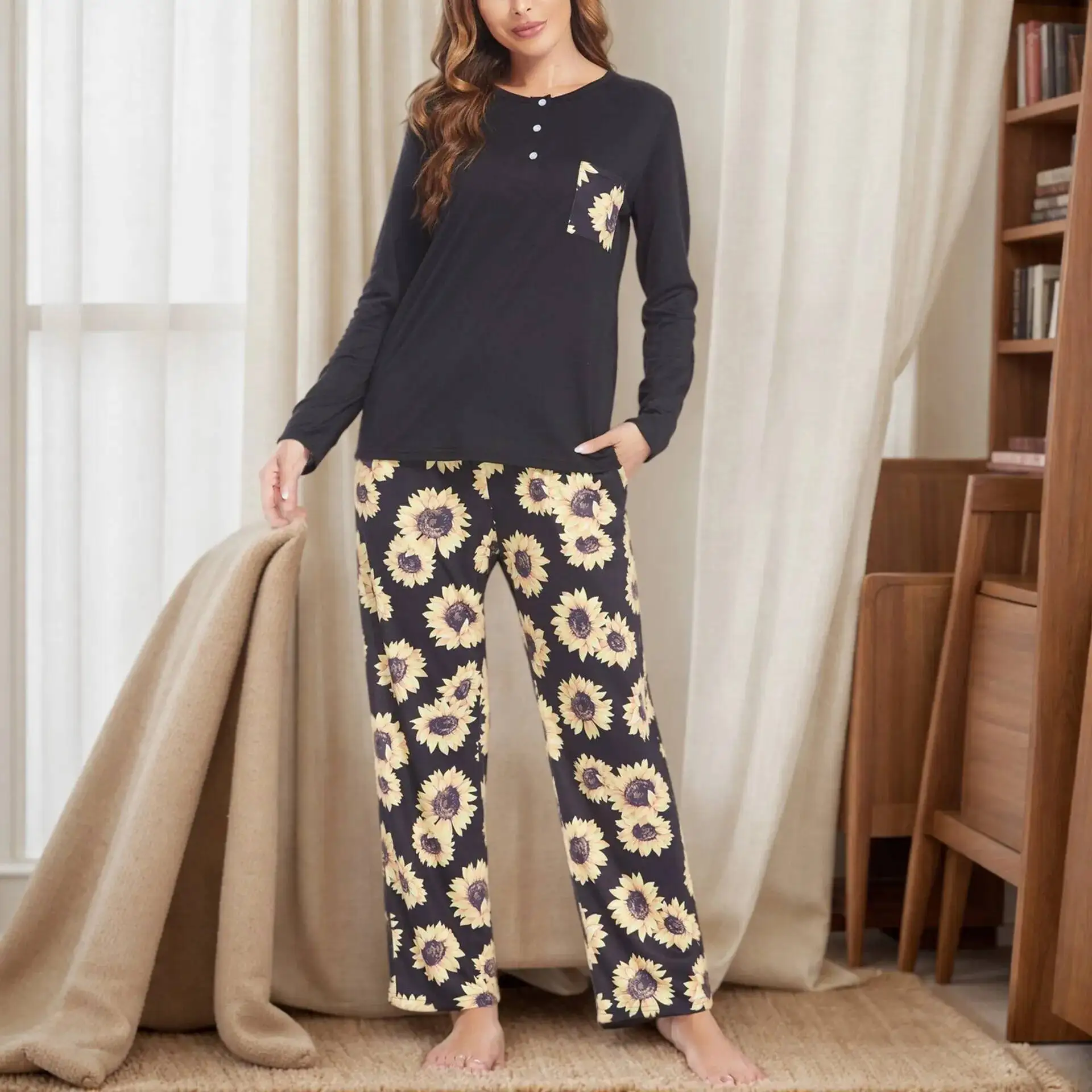 

Осенне-зимняя женская домашняя одежда из двух частей брюк с длинными рукавами, комплект пимы из искусственного хлопка с принтом для женщин