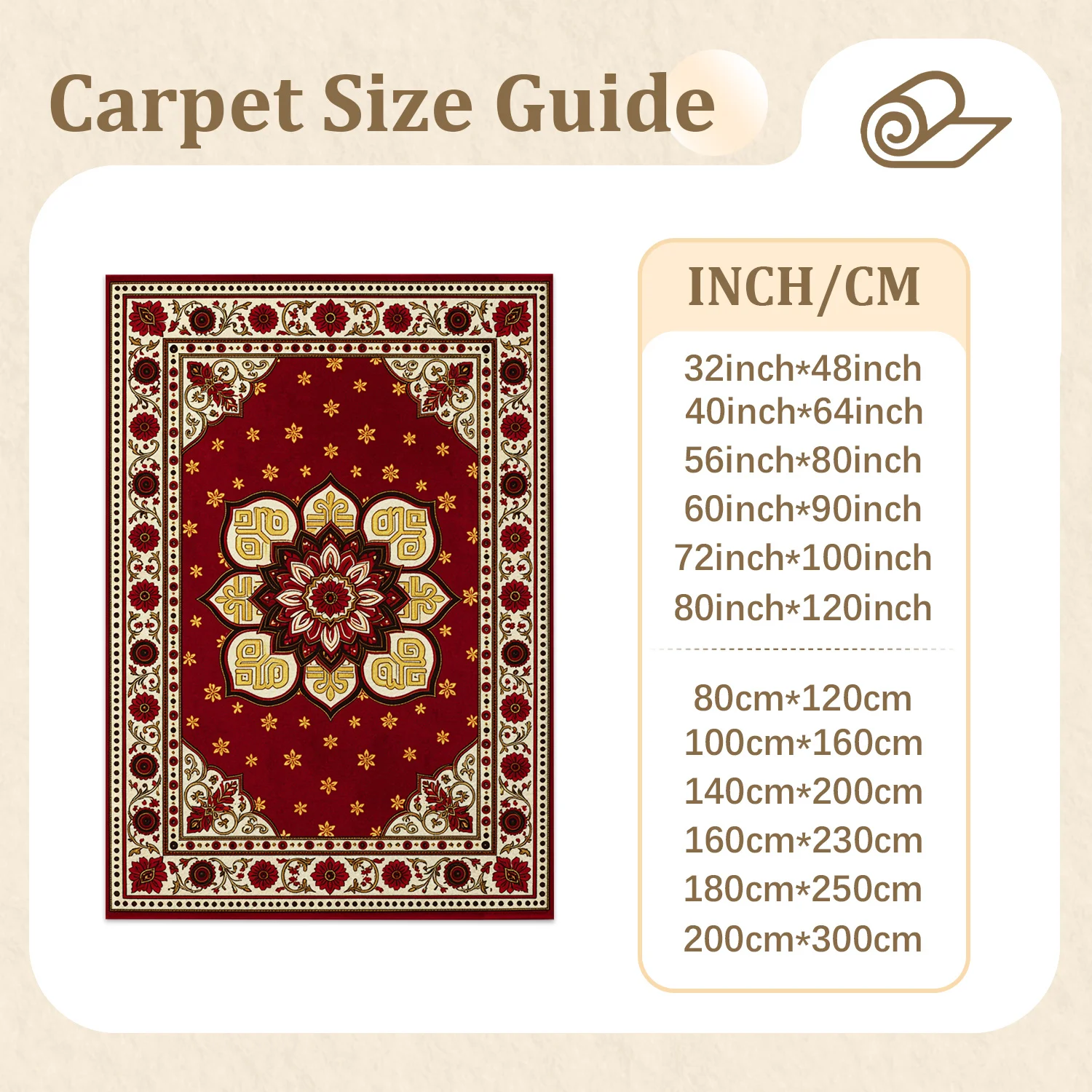 Ornate Red Gold Floral Mandala Pattern Velvet Area Rug Machine Washable for Living Room Bedroom Dining Room Entryway, Ideal for Halloween Thanksgiving Christmas New Year Home Decor