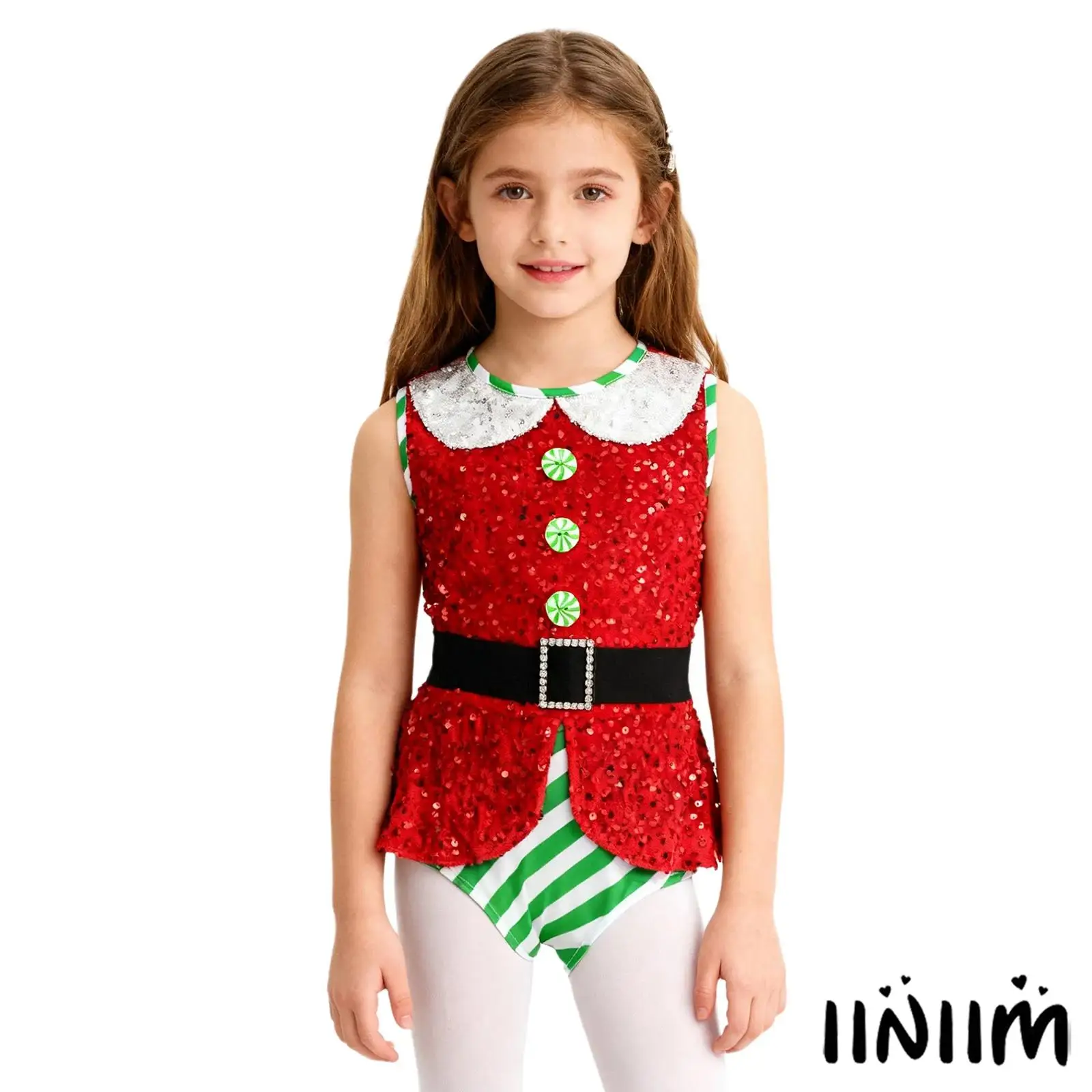 

Kids Girls Christmas Elf Costume Santa Bodysuit Sparkly Sequins Sleeveless Adorned with Candy Buttons Jumpsuit And Waistbelt