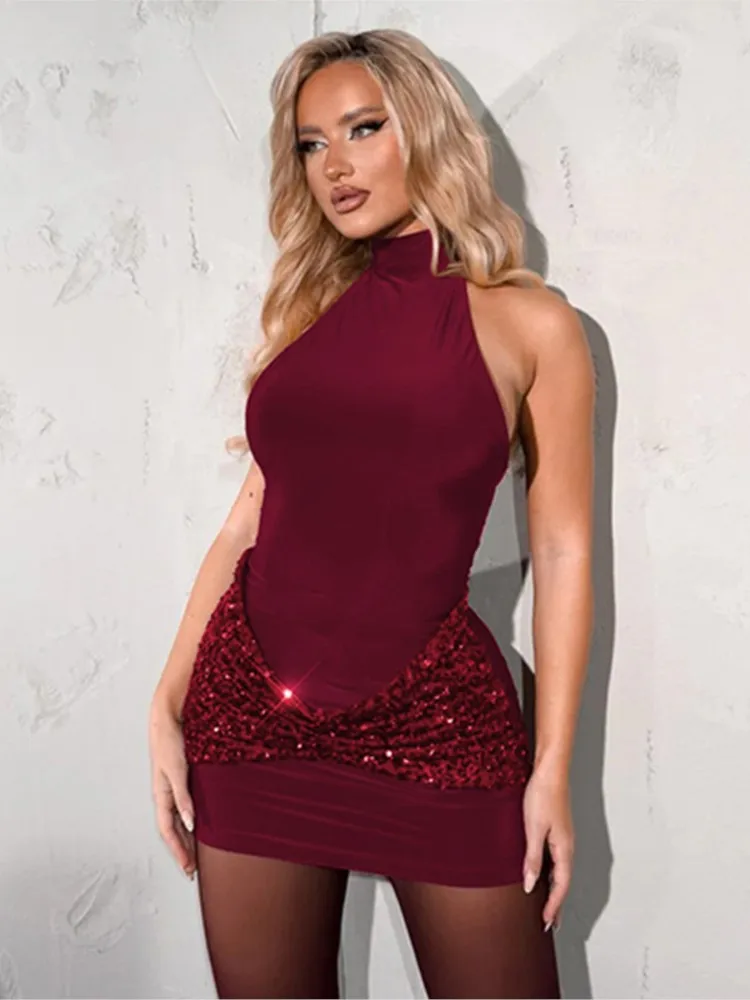 

Party Dresses For Woman Sequined Patchwork Sexy Evening Dress Halter Neck Package Hip Vestidos Solid Color Bodycon temperament