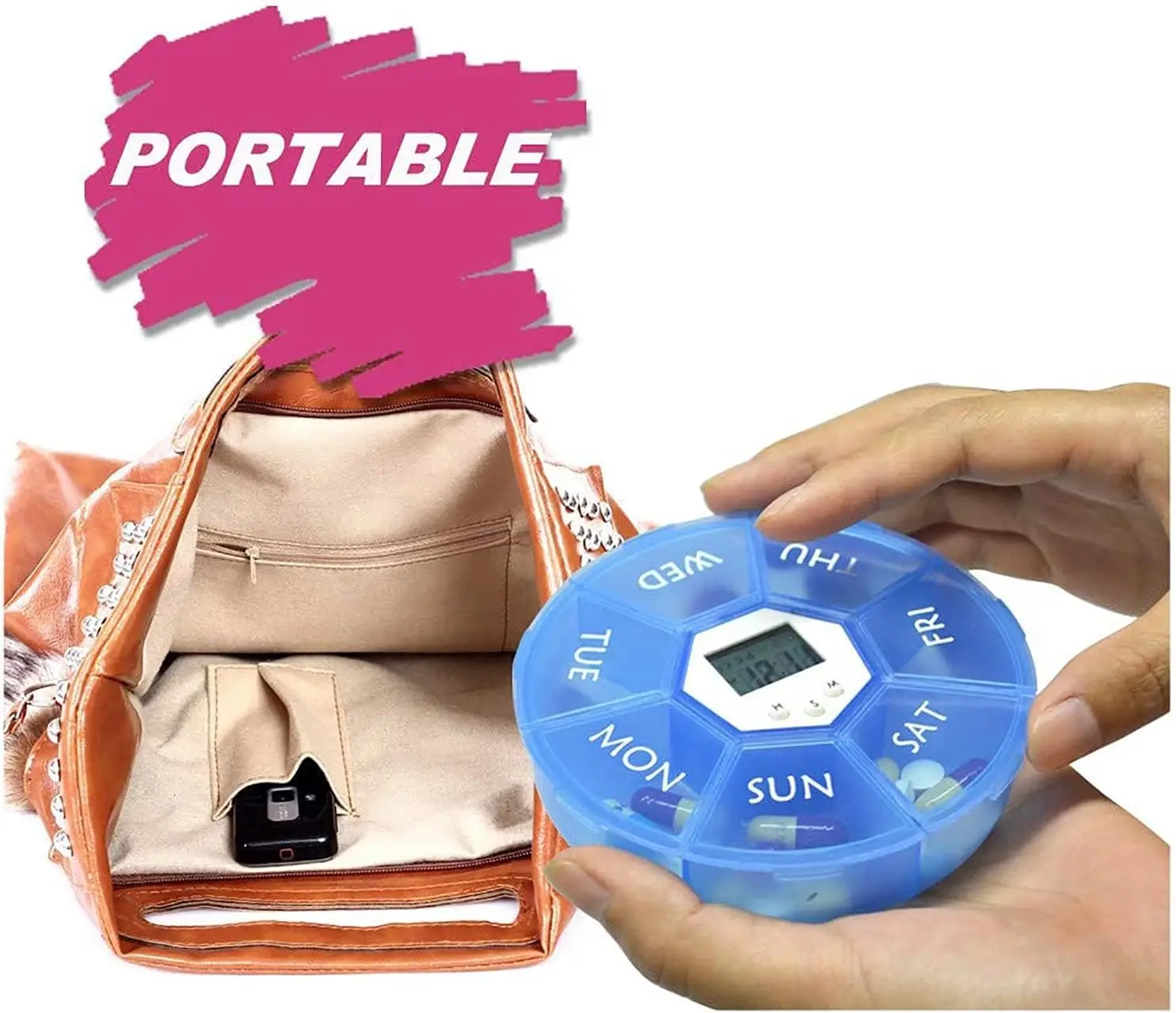 ポータブルインテリジェント薬箱,大容量,LEDデジタルディスプレイ,7日間のタブレットストレージ