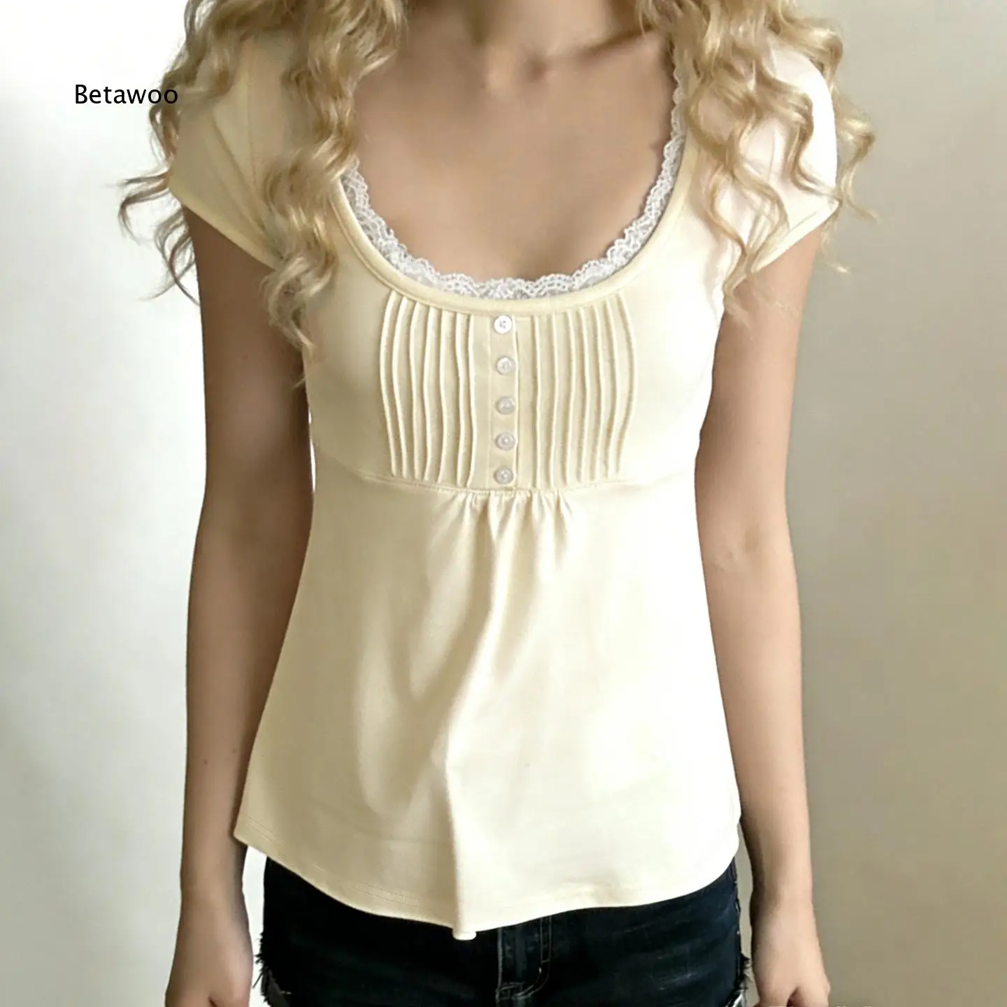 Women Square Neck Short Sleeve Babydoll Blouse Lace Trim Neck Pleated Front Decor Buttons For Fashion Daily Street Wear Looks