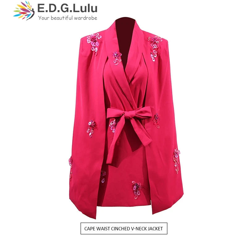 

EDGLuLu Design Turn-Down Collar Embroidered Sequin Splicing Cloak Jacket Woman Lace-Up Fashion Suit Jacket Blazer 0727