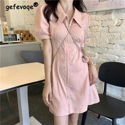 Women Korean Fashion Polo Collar Solid Sweet Chic Zipper Mini Dress 2024 Summer Casual Short Sleeve Slim Dresses Elegant Vestido