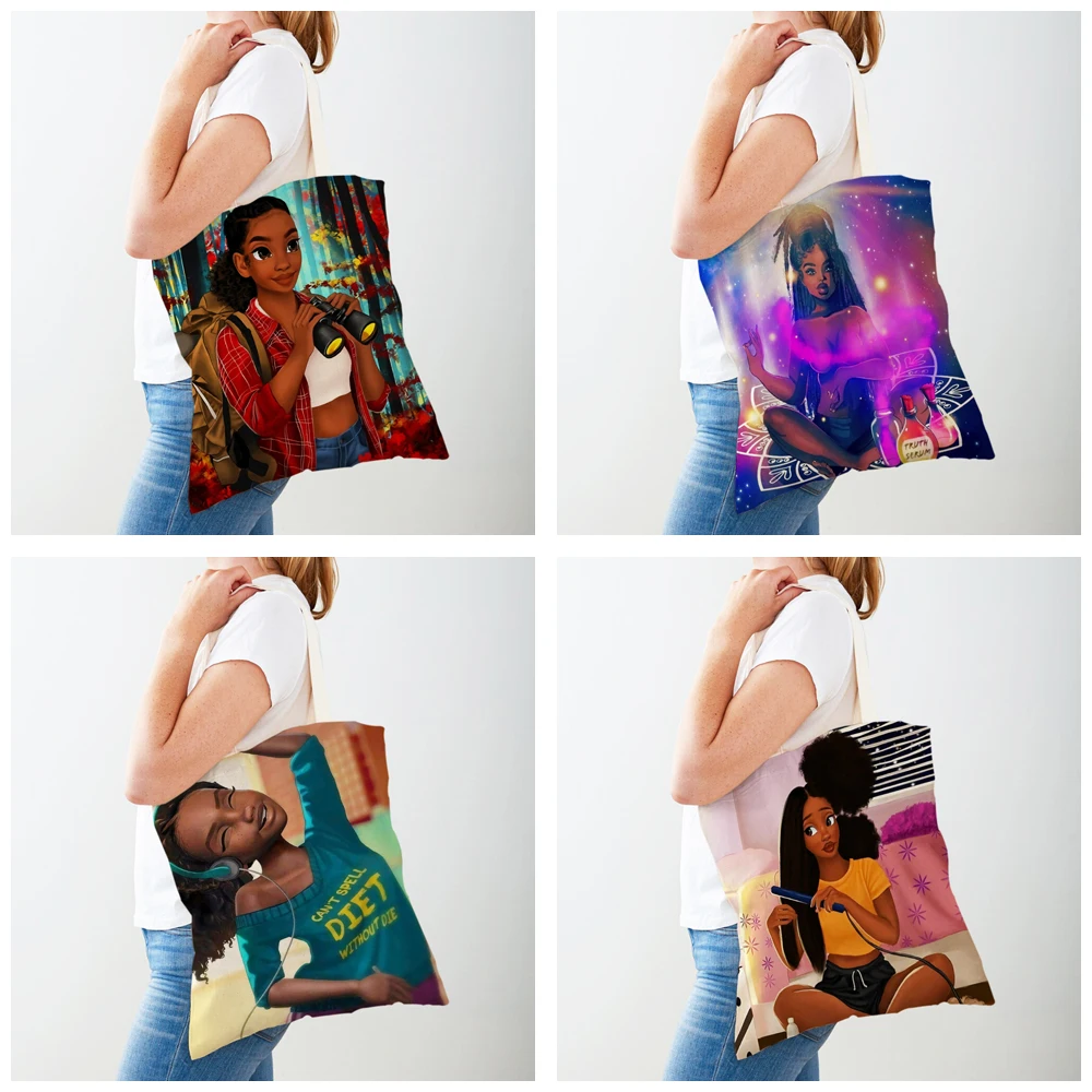 Casual Black Lady Canvas Shopper Bag Tote Handbag Reusable Fashion Cartoon Beautiful African Girl Shopping Bag for Women