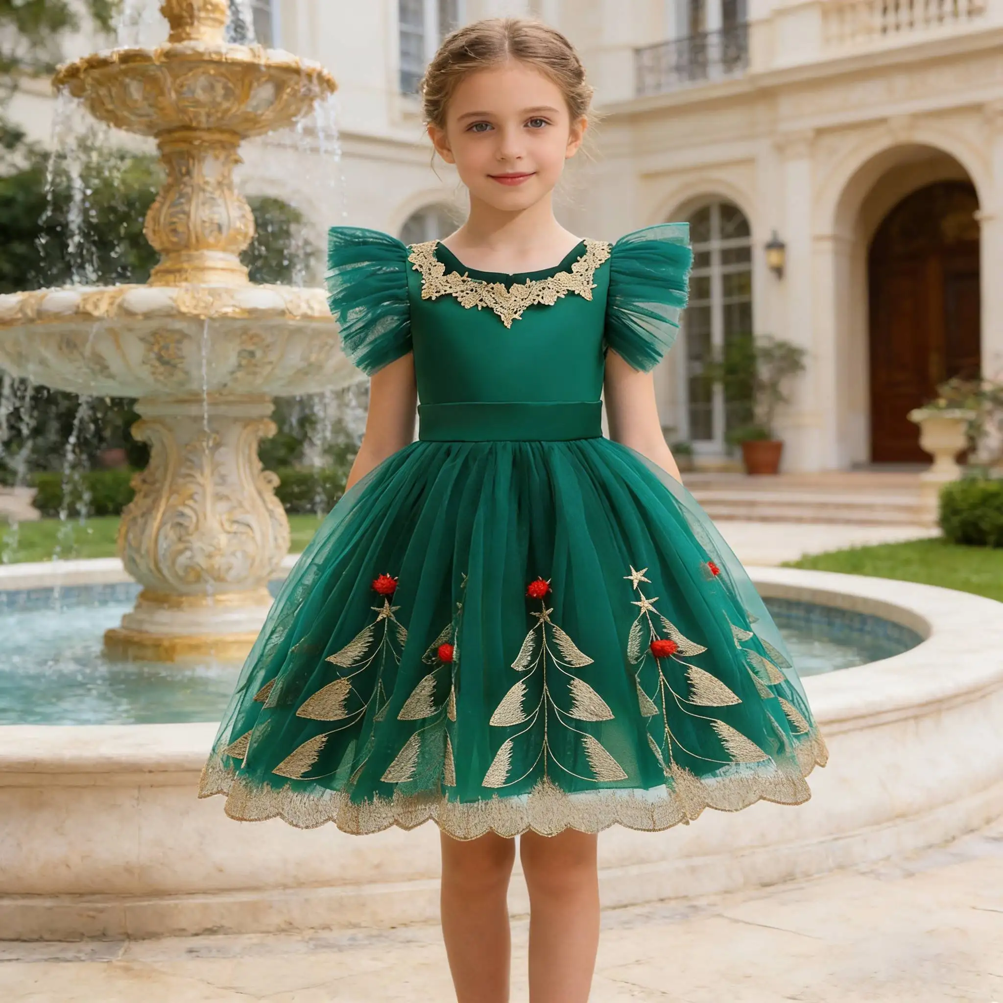 Mädchen Festkleid Grün Niedliches Baum-Mesh-Modekleid Sommer Mädchen Prinzessinnenkleid Partykostüme 2 3 4 6 8 Jahre Kinderkleidung