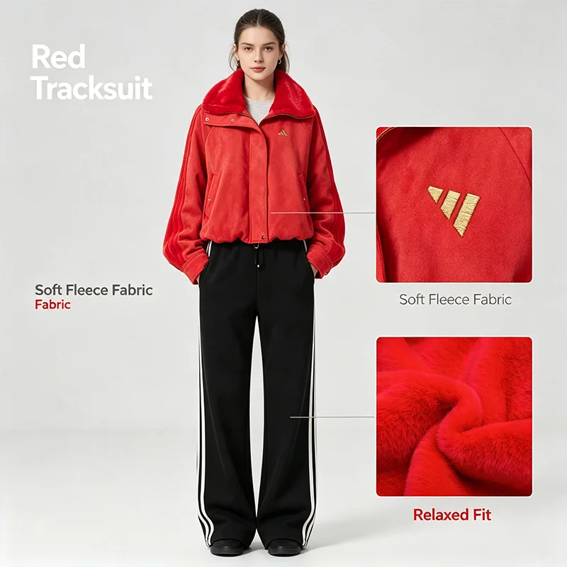 Adidas Authentic Red Tracksuit Women 2-Piece Soft Fleece Casual Sport Set Hoodie Sweatpants Loungewear Kh2661