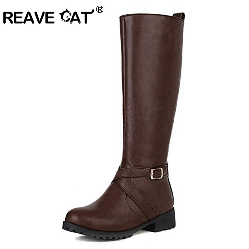 Reave Cat Women Mortorcycle Ridding Knee High Chunky Boots Big Size  Thick Bottom Platform Ladies Footwear S2457