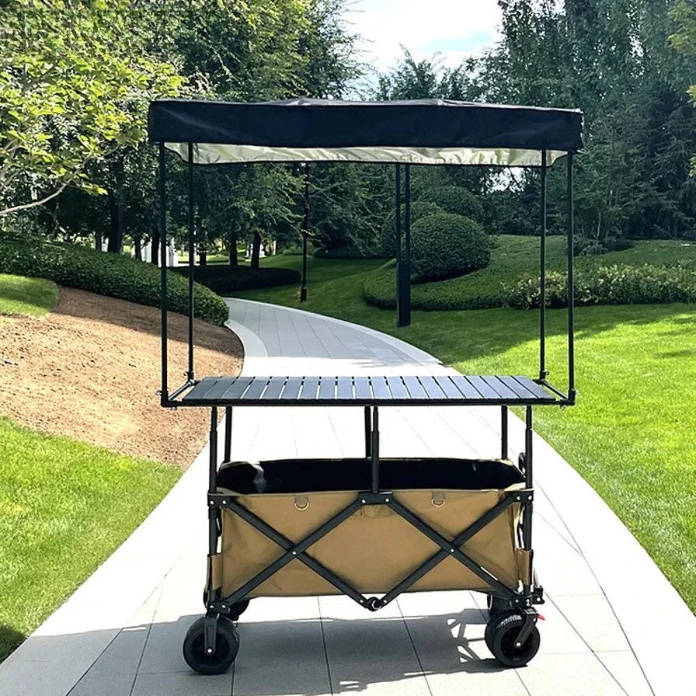 Foldable Food Cart with Large Table and Awning Portable Street Vendor Stall for Night Market Snack Booth Mobile Push Cart