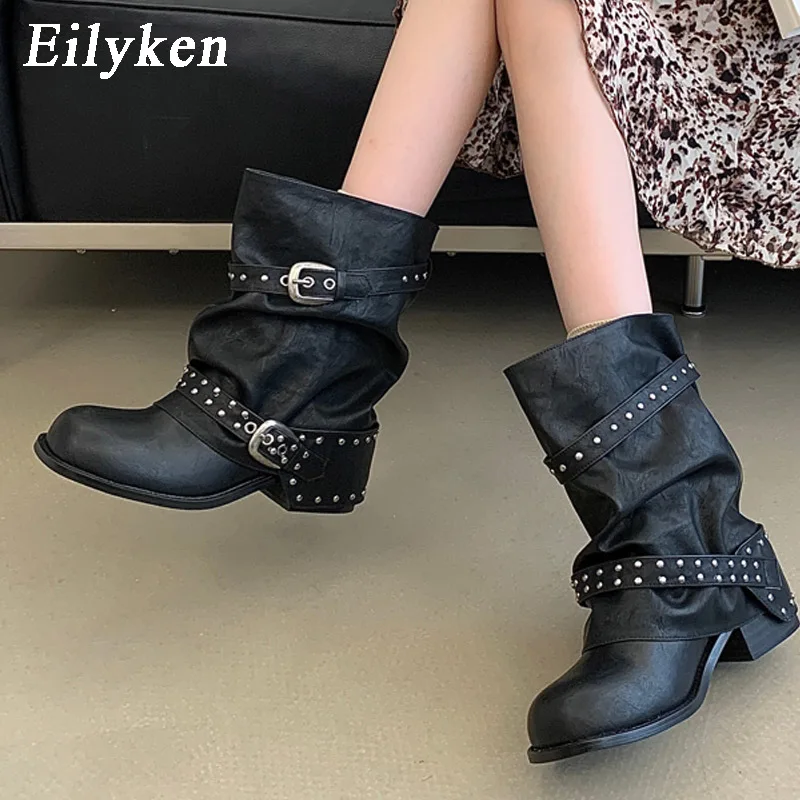 Eilyken Fashion Design Splicing Rivet Belt Buckle Woman Ankle Boots Punk Style Round Toe Square Low Heels Banquet Shoes