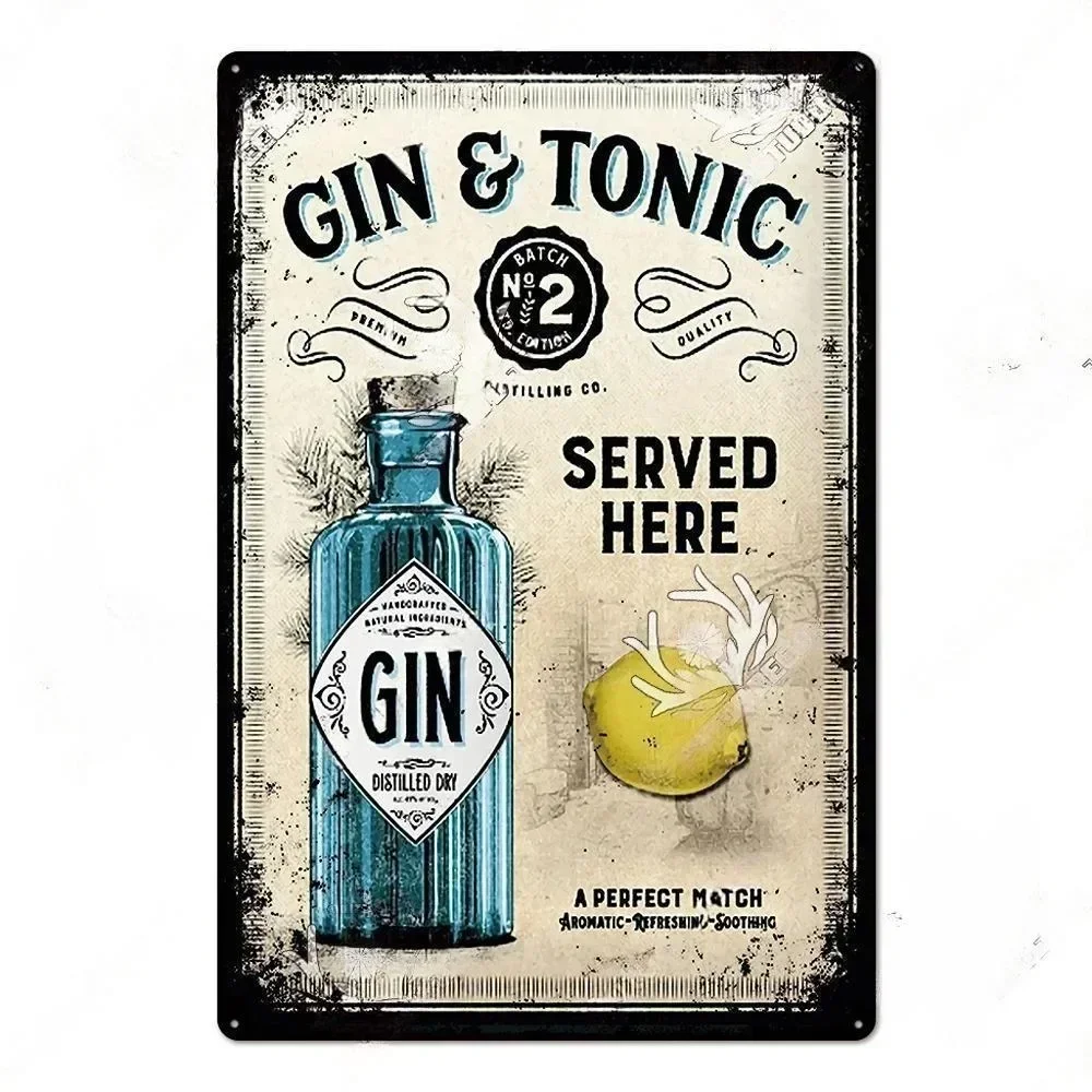 GIN Plaque Metal Vintage Tin Sign Retro Alcohol Plaque Wall Art Posters for Kitchen Bar Pub Man Cave Club Home Decor