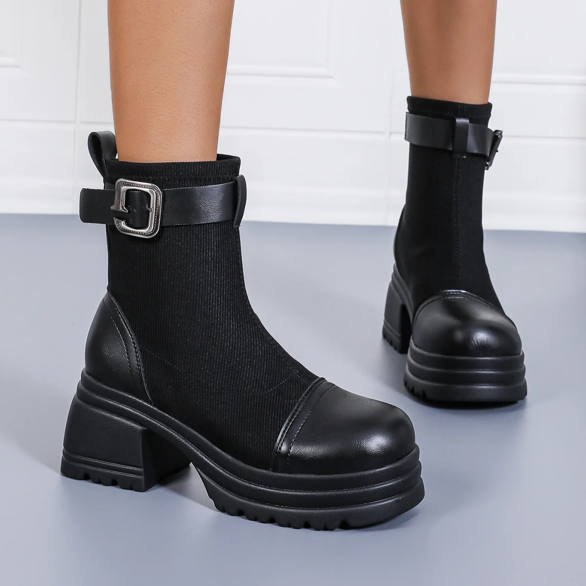 

Large-Sized Thick-Soled Slimming Mid-Heeled Ankle Boots British Style Belt Buckle Autumn New Style Muffin for Women