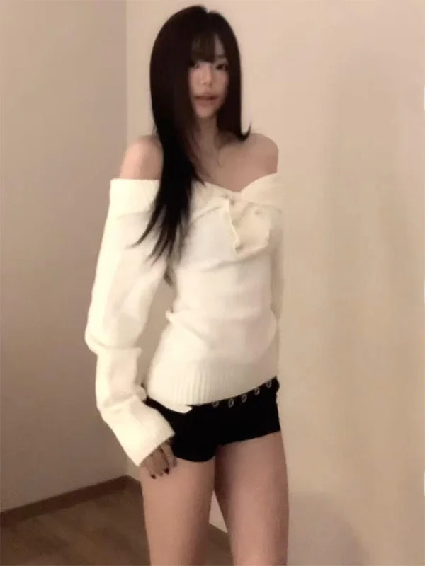 

Корейский вязаный свитер в стиле Pure Desire для женщин: базовый слой с одним открытым плечом, премиум-класс, эффектное открытие плеча