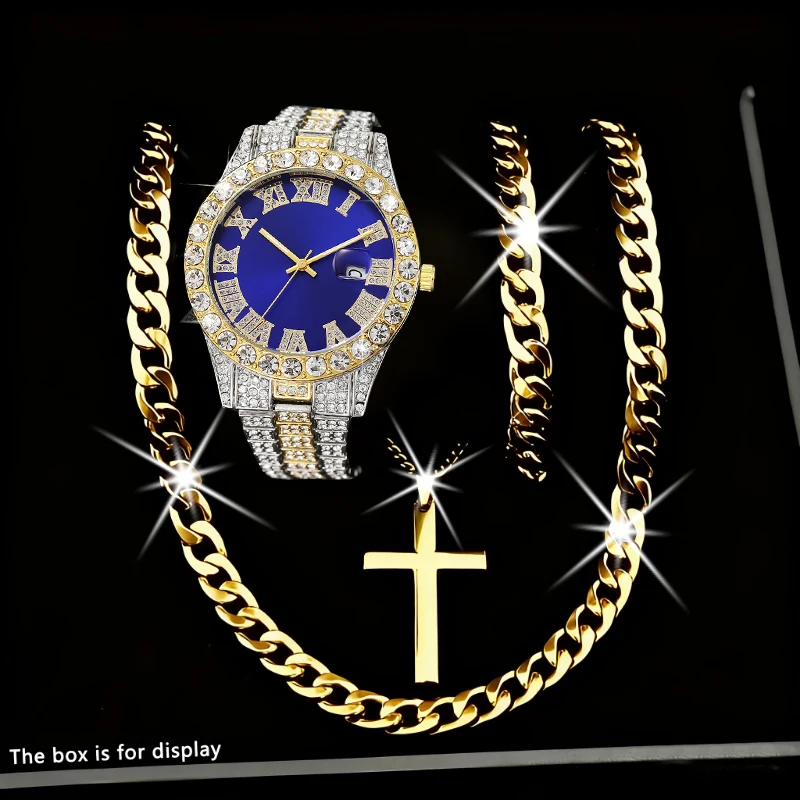 4 قطعة/المجموعة الفاخرة الماس الرجال كوارتز ساعة الفولاذ المقاوم للصدأ الفرقة التقويم ساعة اليد قلادة سوار طقم مجوهرات (بدون صندوق)