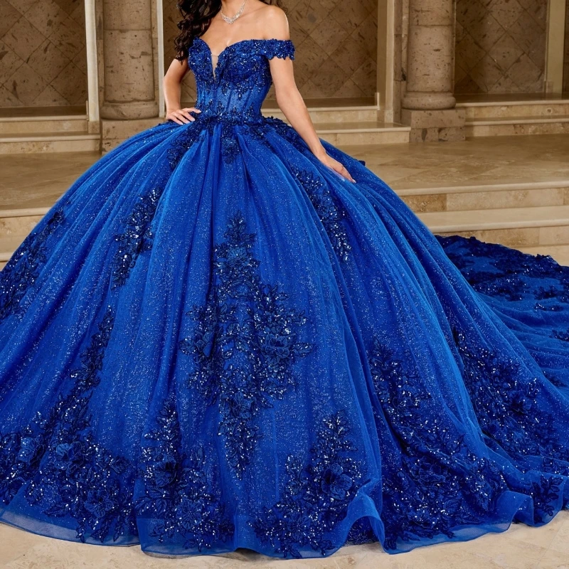 

Royal Blue Quinceanera Dresses Off The Shoulder Lace Appliques Beads Corset Party Birthday Vestidos De 15 Anos Sweet 16 Dress