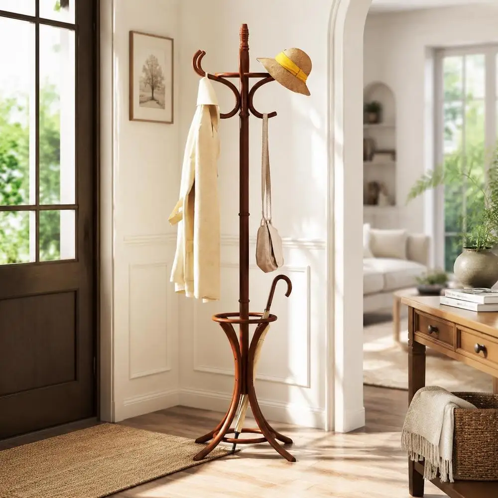 Porte-manteau sur pied en bois avec porte-parapluie - Marron