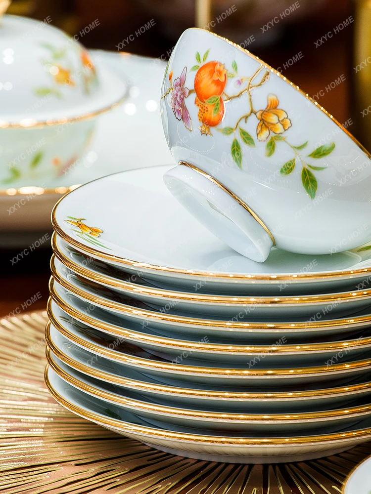 High-End Underglaze Tableware Bowl and Dish Set Household Light Luxury Gilt Edging Porcelain Bowl and Plate Combination