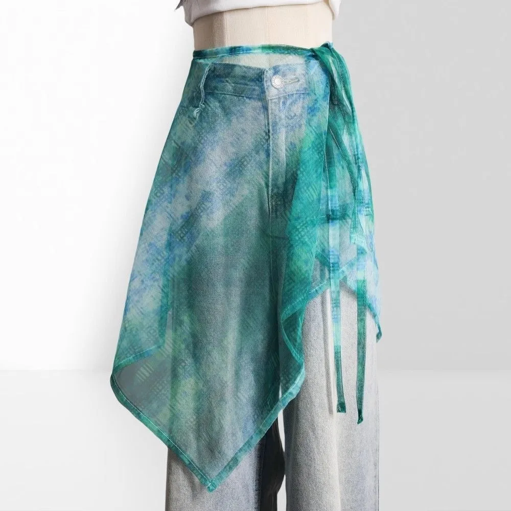 

Юбка миди с высокой талией, кружевная, с боковым разрезом, прозрачная, на шнуровке, в стиле Y2K, уличная мода, Харадзюку, длинная кружевная юбка, с декоративным шарфом на бедрах