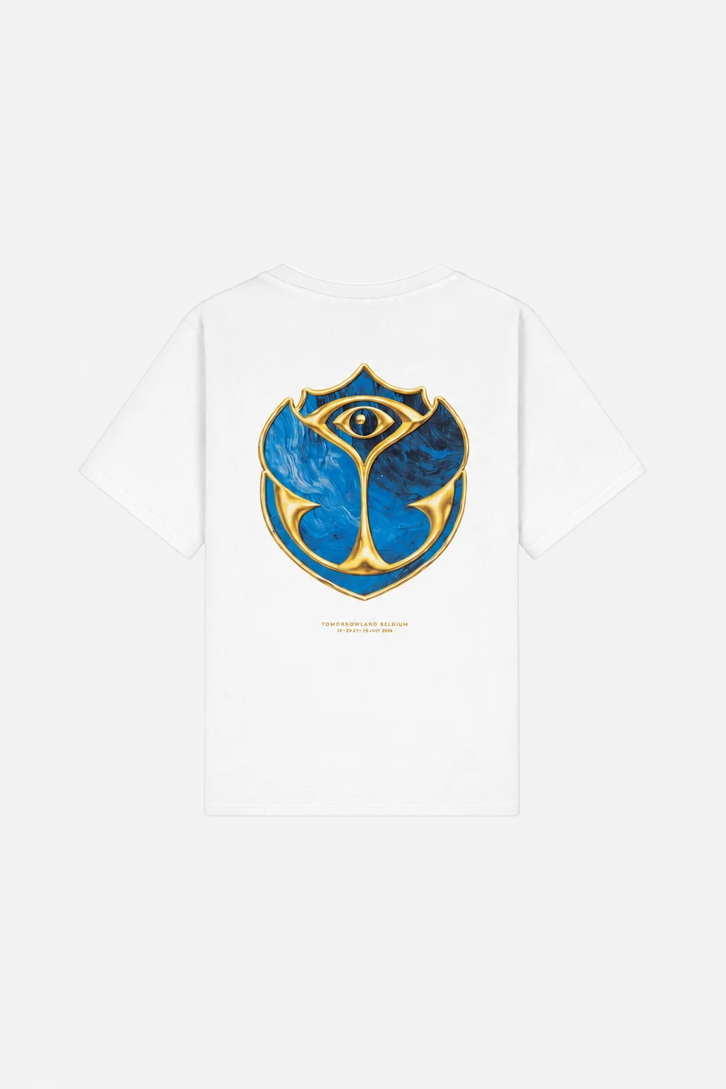 2026 Tomorrowland Belgium T-Shirt Unisex Cotton Short Sleeve Tee Blue Gold Eye Emblem Back Graphic Electronic Music Festival Fan