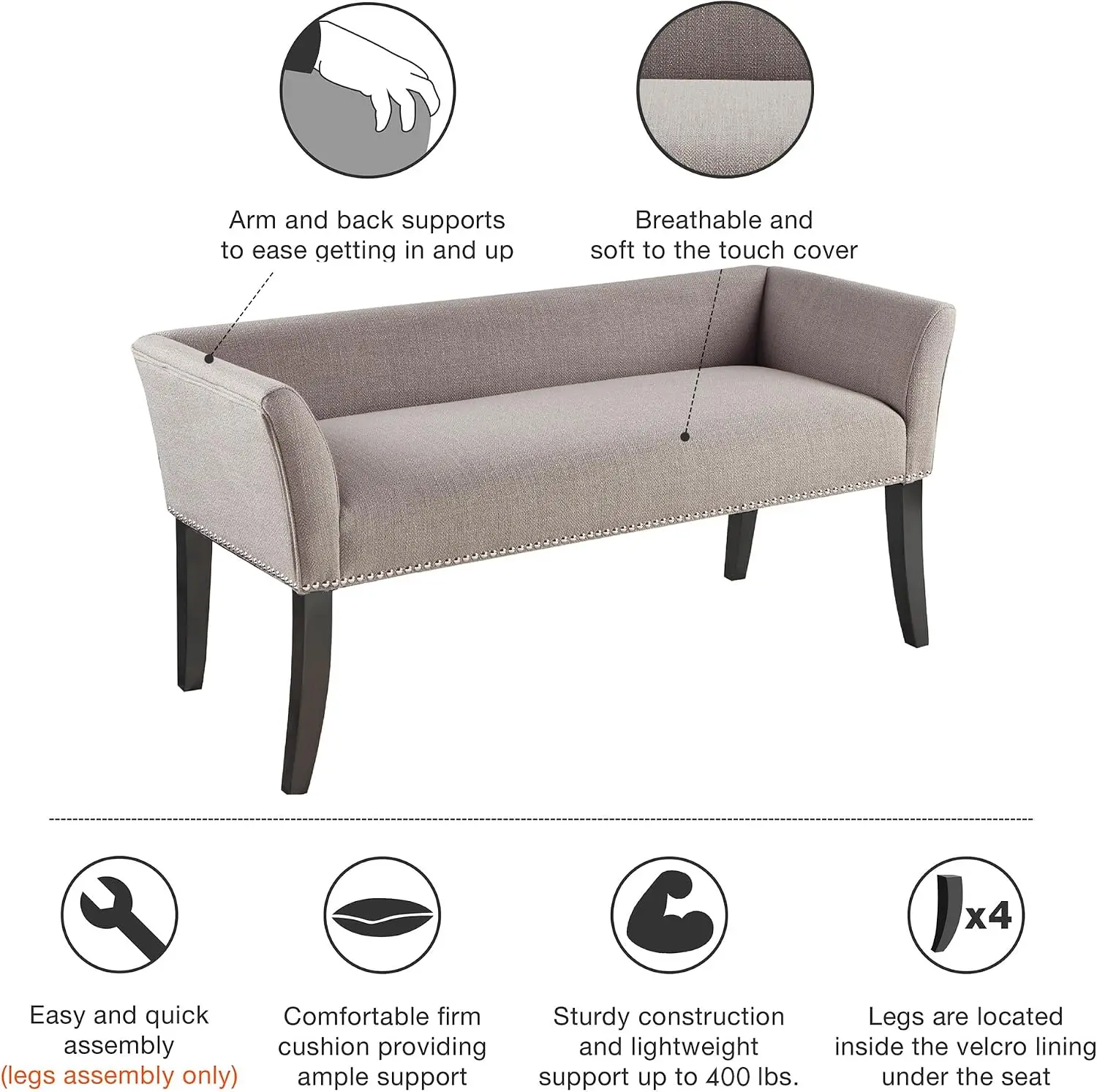 Upholstered Accent Entryway Bench With Backrest Padded Seat Cushion Decorative Nailhead Trim End Of Bed Storage Bench Support Stand For Living Room Bedroom Grey - view 6