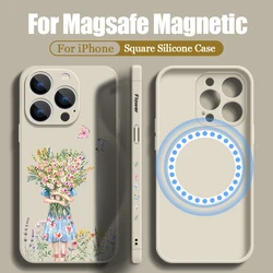 Cartoon Girl Flower Silicone Magnetic Case For iPhone 17e 17 16 15 14 13 12 Pro Max 16e 11 For Magsafe Wireless Charge TPU Cover