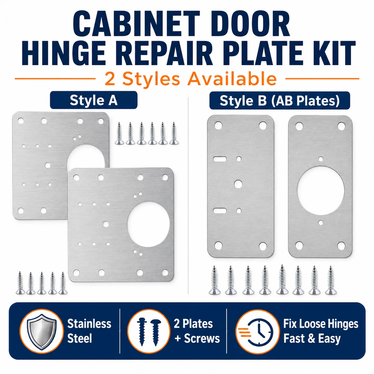 1-5Set Hinge Repair Plate Stainlesss Steel, Cabinet Door Mounting Brackets with Fixing Screws for Cupboard Kitchen Furniture