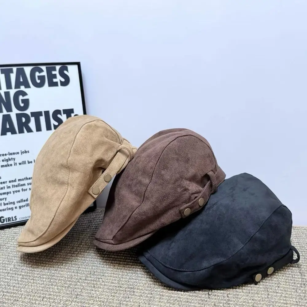 Premium Metal Button Suede Beret Hats Slim Face Warm Newsboy Cap Vintage Comfortable Forward Hats Street Trend