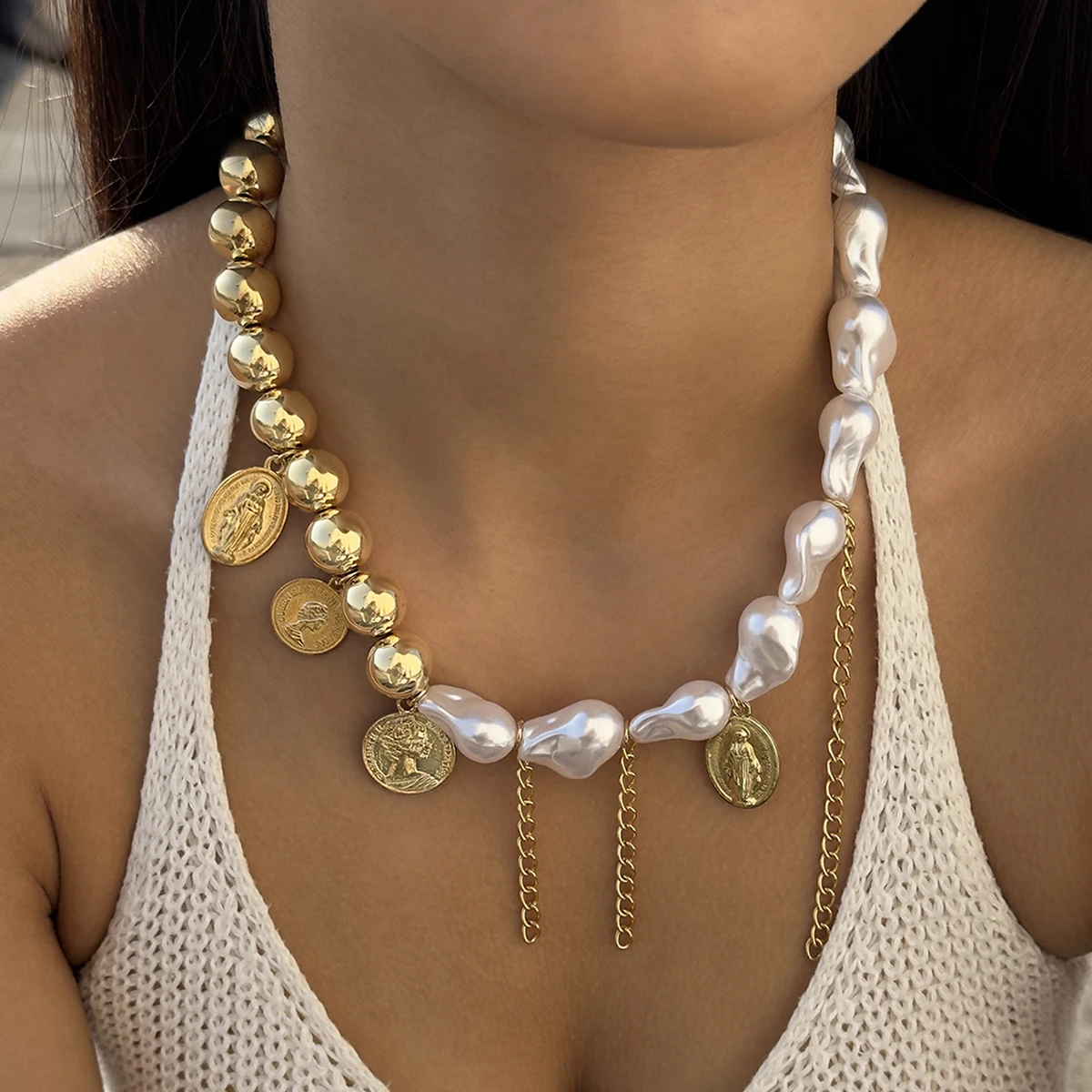 Docona Fashion Imitation Pearl Shell Single Layer Pendant Head Badge Necklace Suitable For women's Dance Parties Weddings Gifts