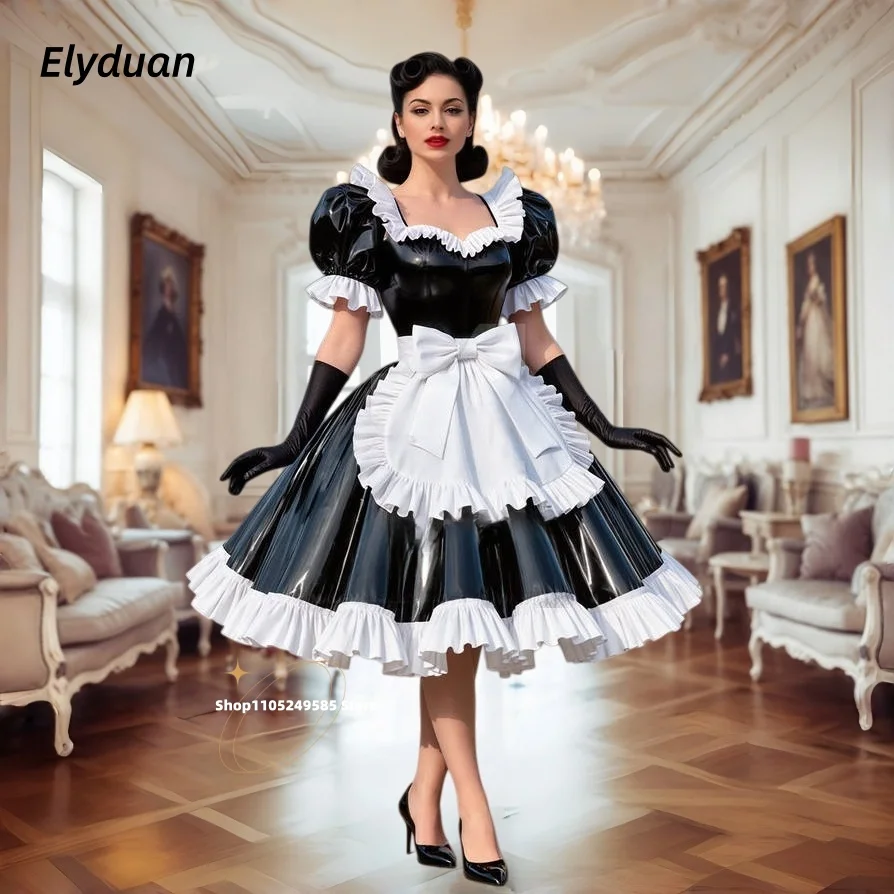Vestido de fiesta de sirvienta de longitud media, mangas cortas abombadas, volantes, disfraz de fiesta de cóctel de PVC negro brillante, mascarada de Cosplay personalizada para mujer