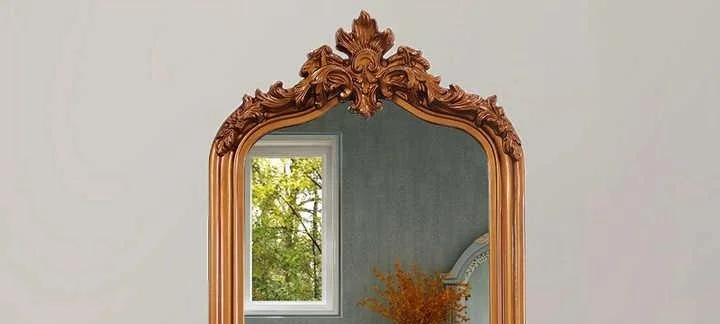 Antique French wall wood mirror oversized decorative arched gold wood frame standing full size floor mirror