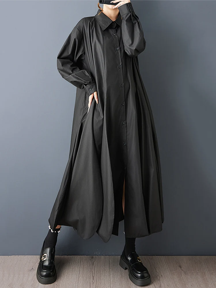 Übergroße schwarze Vintage-Hemdkleider für Frauen, neues Revers, lange Ärmel, lockeres lässiges Midi-Kleid, elegante Kleidung, Frühling und Herbst 2025,