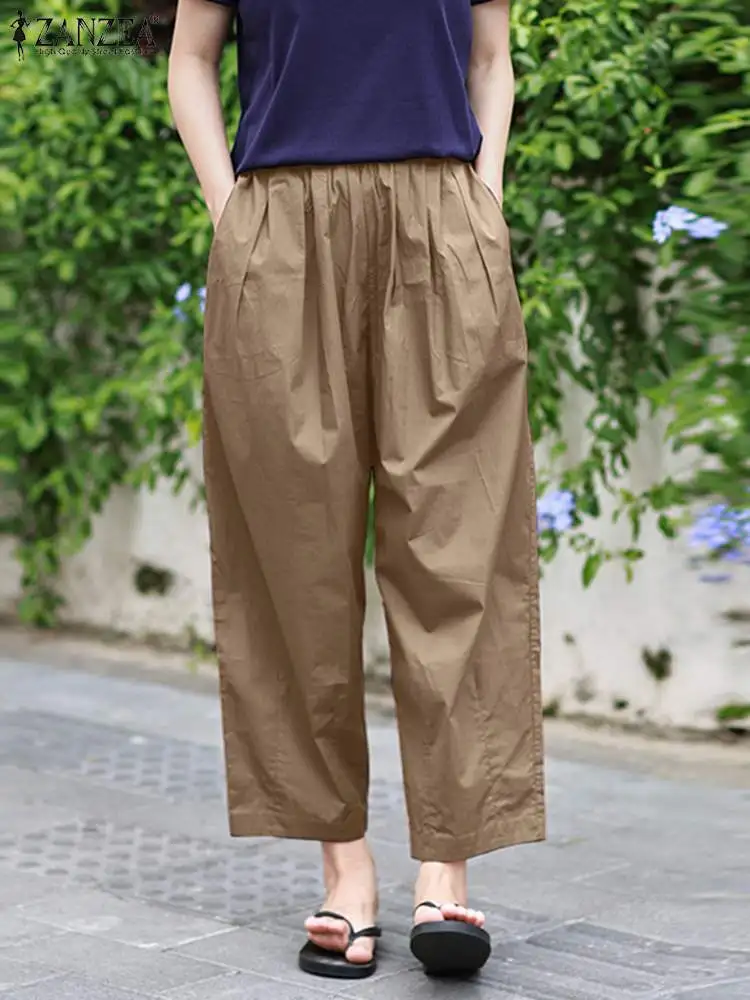 

ZANZEA Elegant Elastic Waist Pantalones Women Fashion Long Pants Casual Loose Harem Trousers 2024 Spring Pleats Pockets Bottoms