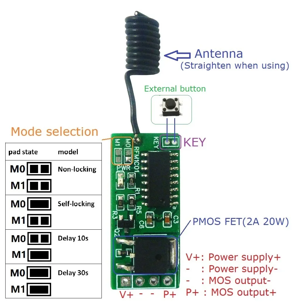 

RFM1C01+CJ002 433M 2A Energy Saving Remote Control Switch MOS Module for 3.7V 7.4V 12.8V 14.8V 18650 Lithium Battery LED