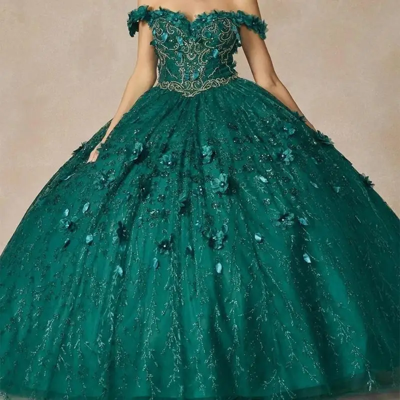 Messicano Vestido De 15 Anos verde smeraldo Abiti Quinceanera Appliques di pizzo perline di fiori corsetto dolce 16 vestito Abiti Da Cerimoni