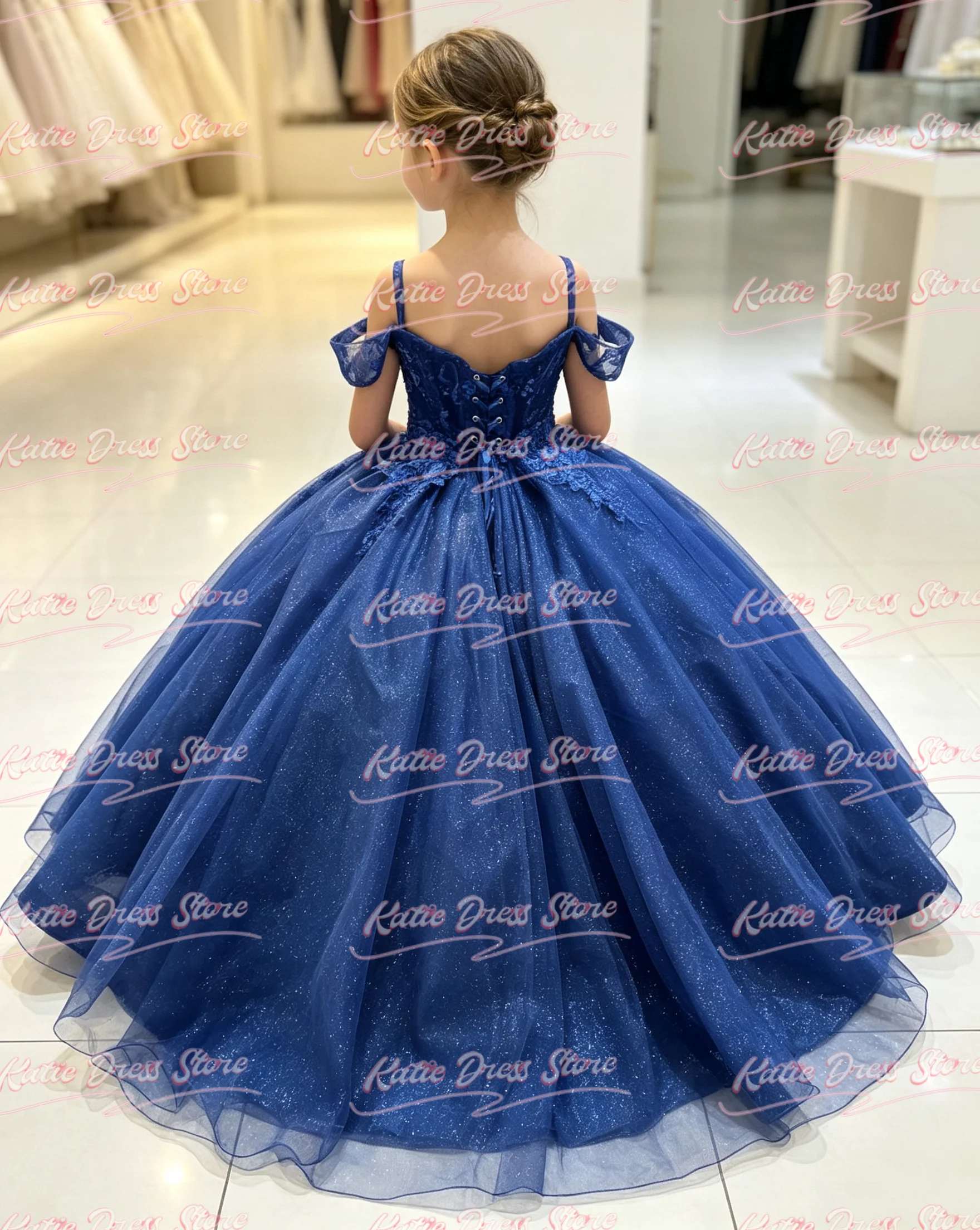 Customized Royal Blue Flower Girl Dress For Wedding Puffy Tulle Lace Applique Kids Birthday Party First Communion Ball Gowns