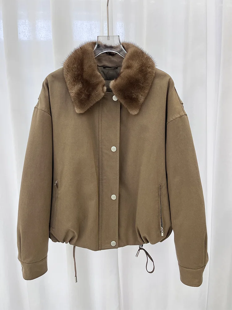 Mode femmes hiver chaud doudoune d'oie réel col de fourrure de vison vestes courtes décontracté femme vestes bouffantes offre spéciale