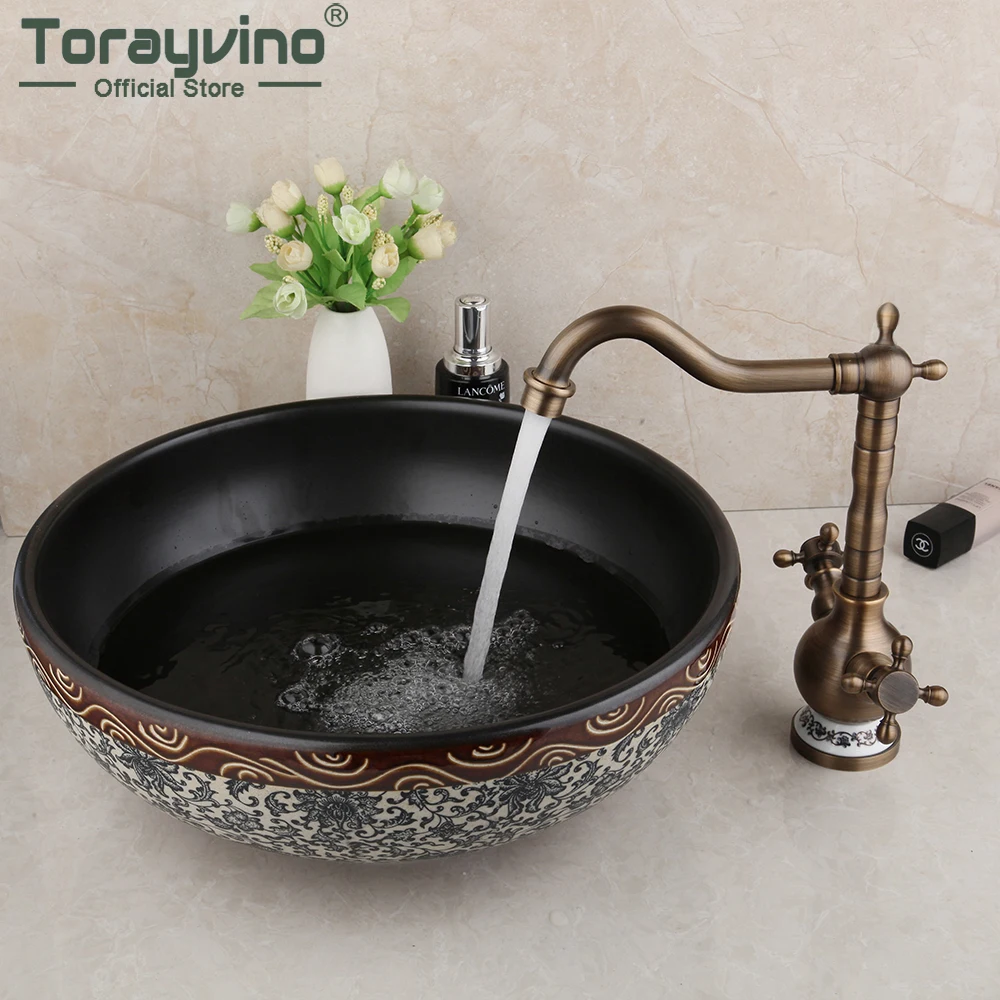 

Torayvino Round Ceramic Bowl Vessel Bathroom Basin Sink Antique Brass Faucets Combo Kit Mixer Water Tap With Pop-up Drain