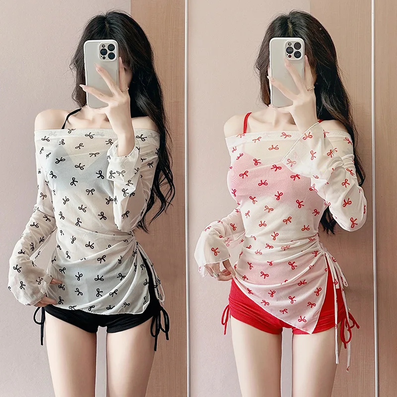 sexy Korean fashion conservative bow bikinis sets three pieces drawstring shorts with perspective mesh cover smock swimsuit