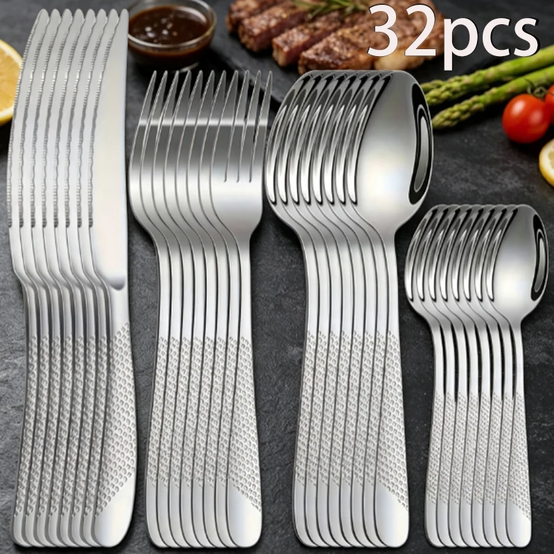 32-piece star pattern tableware set, stainless steel silver/gold tableware, including knives, forks, spoons and other tableware.