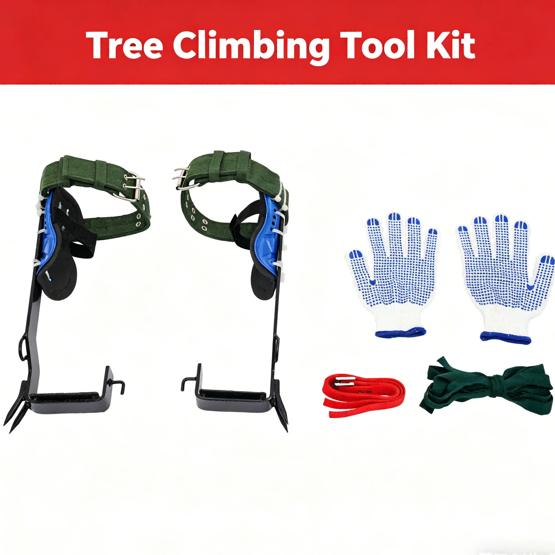 Tree Climbing Gear Set with Safety Belt and Rope, Carbon Steel Spikes 100kg Heavy Duty, Foot Straps Ankle Straps Included, for Tree Logging Hunting Fruit Picking Fire Rescue Aerial Work