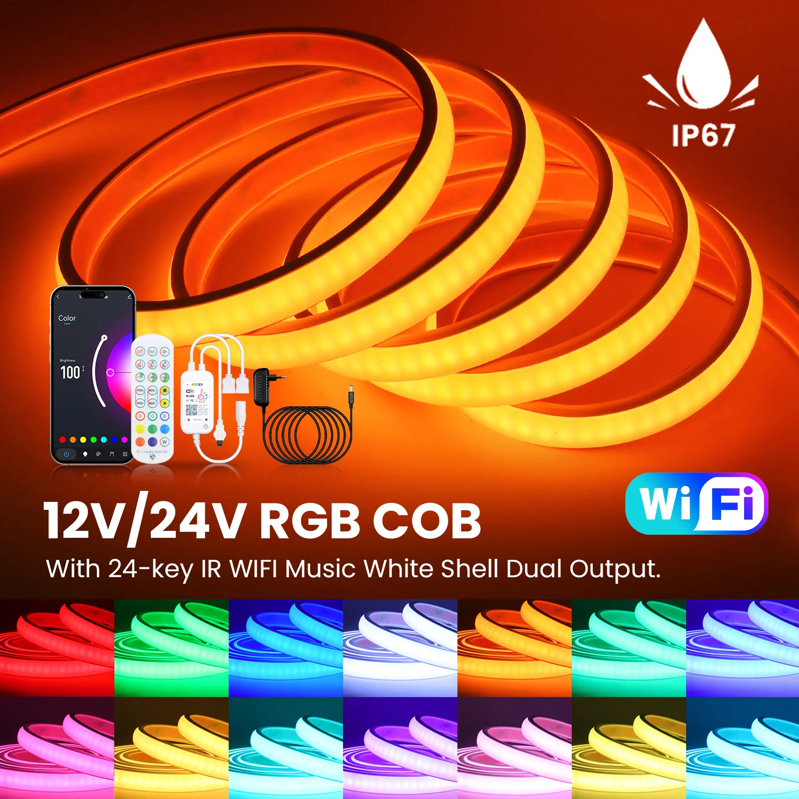 Tuya WIFI Alexa Control RGB COB LED Strip Kit 12V 24V IP67 Waterproof Indoor Outdoor Garden Decor Flexible Led Tape Diode
