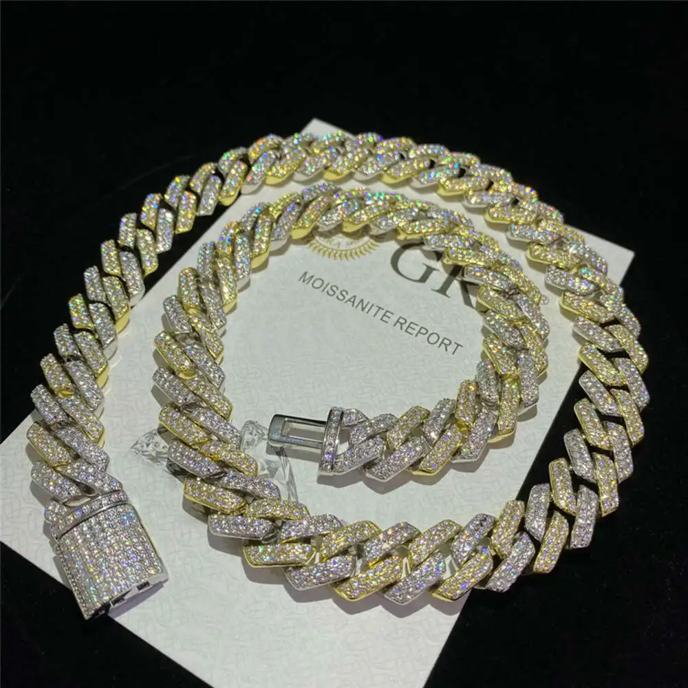 

Sterling Silver Hip Hop Jewelry Moissanite Chain Cuban Bracelet 14mm Two Tone Iced Out Diamond Gold Plated Cuban Link Chain