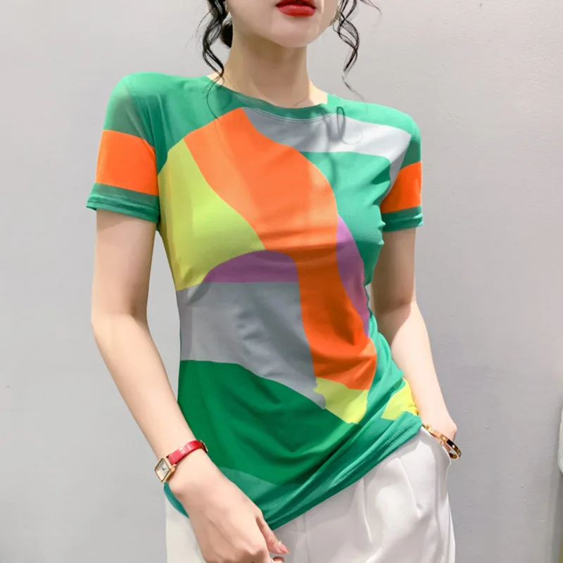 #5440 Summer Streetwear T-shirt Women Short Sleeve Sexy Printed Mesh T Shirt Female O-neck Short Mesh Tshirt Thin Korean Style