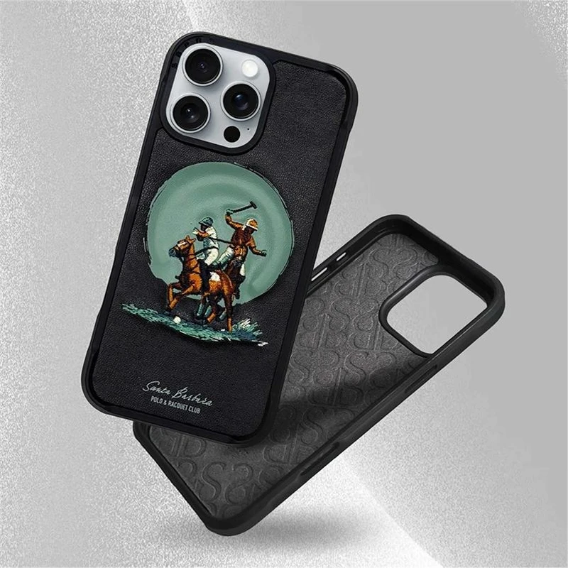 3D Embroidered Leather Case For iPhone 16 Pro Max Magnetic Protective Cover For iPhone 16 Pro Brown Grey Aubrey Horse Case