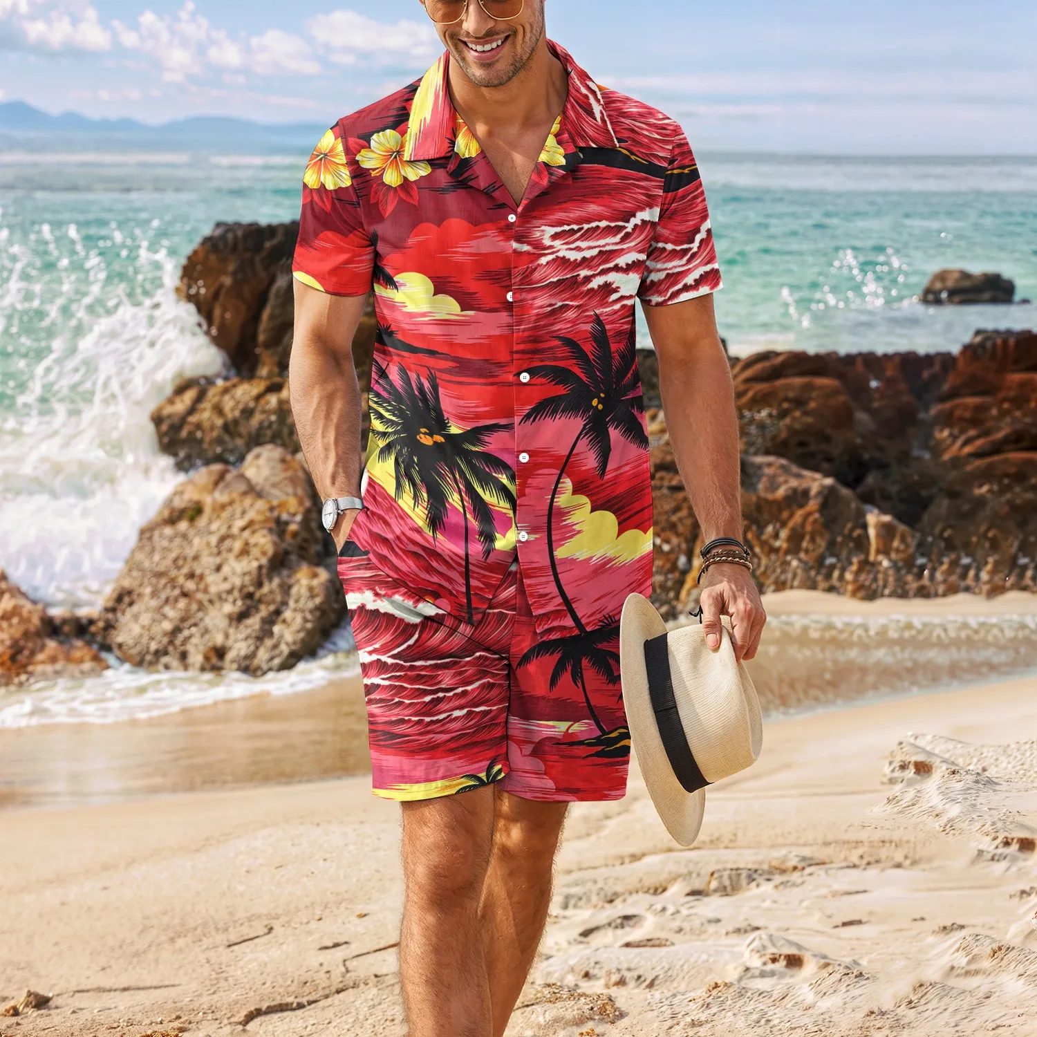 New Palm Tree Tropical Men's Degree 3D Printed Hawaiian Shirt And Shorts Outfit Casual Fashion Beach Vacation Men Clothing ﻿