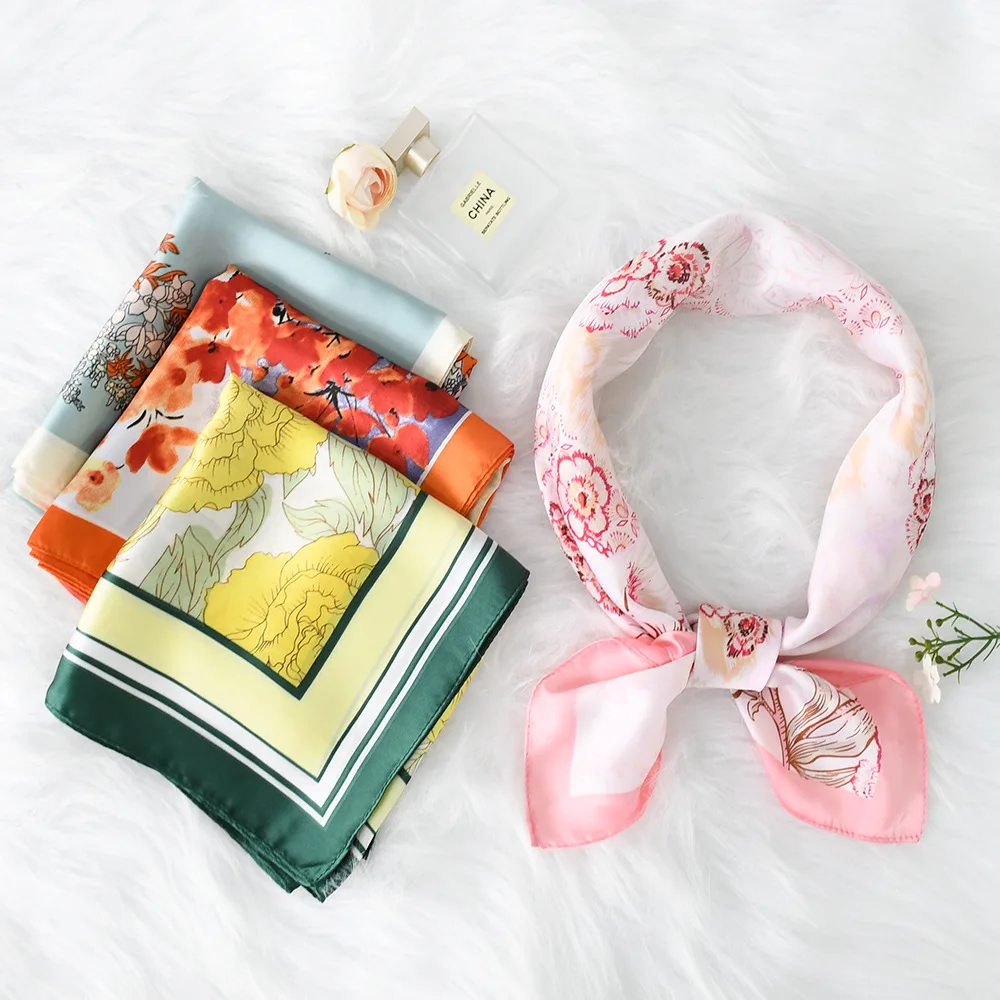 

70CM Faux Silk Square Scarf Premium Quality Elegant and Stylish Decorative Neck Scarf Korean Style Floral Print Scarf