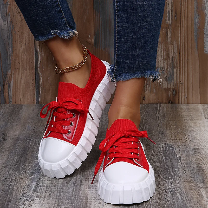 

2022 New Spring Platform Sneakers Women Casual Breathable Sport Shoes Lace-up Loafers Ladies Red Sneakers Outdoor Running Shoes