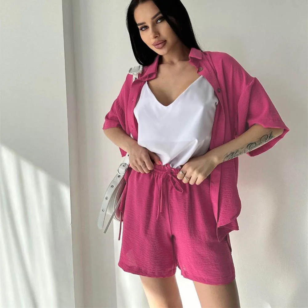 2025 summer women new solid color lapel half-sleeved shirt jacket + drawstring shorts women's out-of-commuting style shorts suit