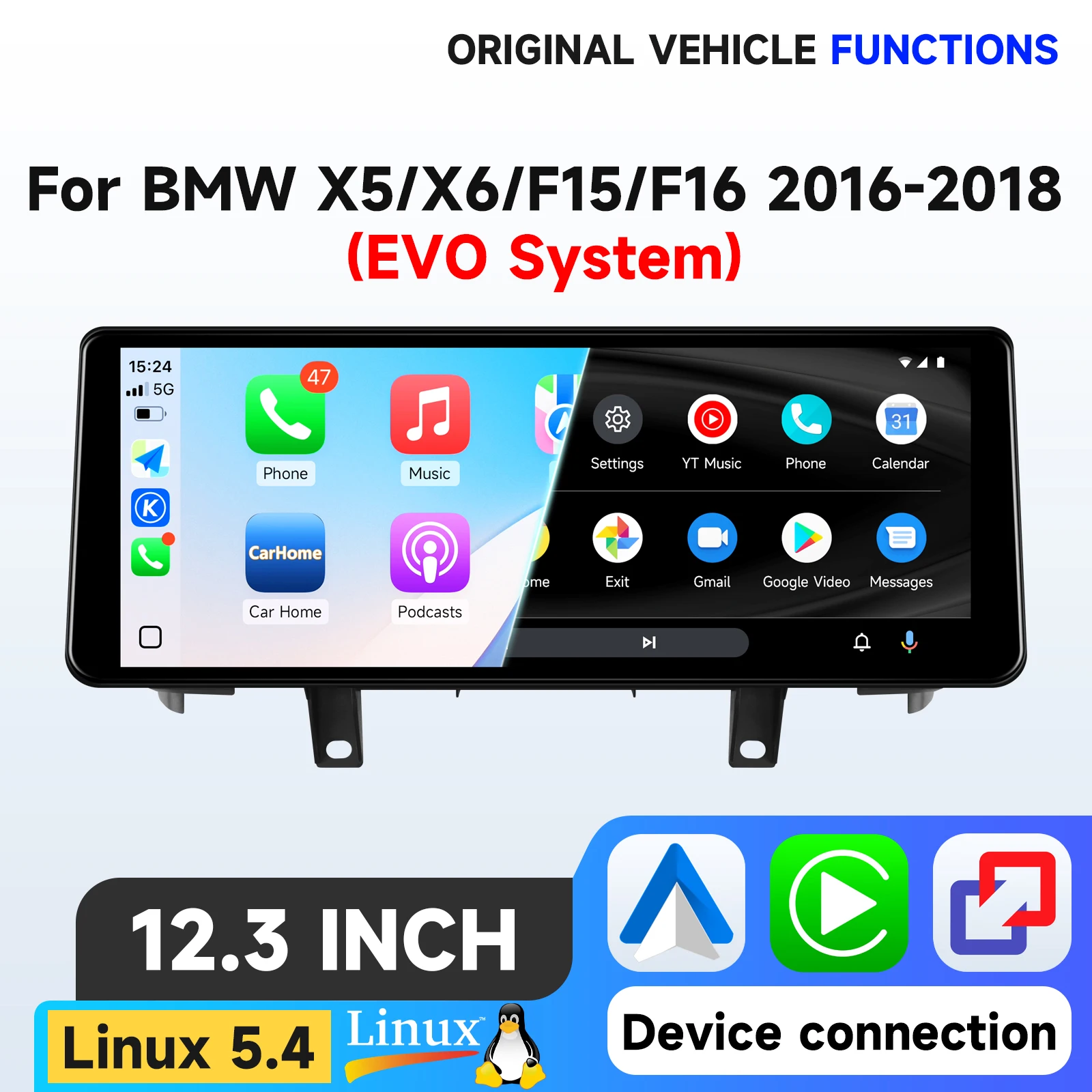 Lecteur multimédia automobile Hizpo Linux 5.4 System 12.3'' pour BMW X5 F15 X6 F16 2014-2018, système NBT EVO, écran intelligent IPS, Pro AI pour Apple CarPlay sans fil, Android Auto, radio, navigation GPS, stéréo audio, lecteur CD d'origine, commande par bouton iDrive