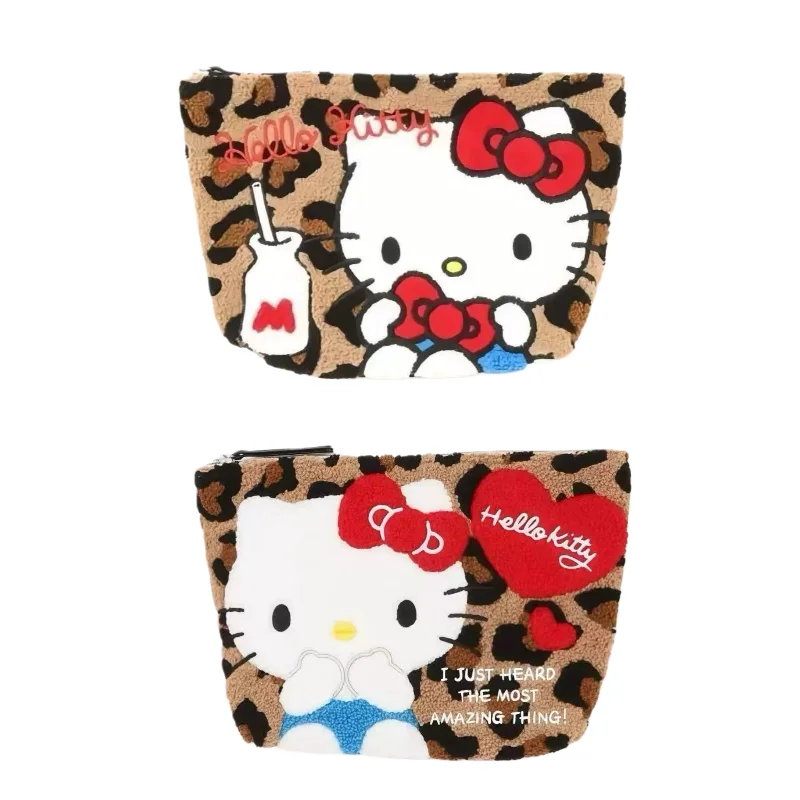 新しいハローキティヒョウ柄丸型ぬいぐるみ収納バッグ黒革キティ猫コイン財布化粧品旅行収納大容量バッグギフト